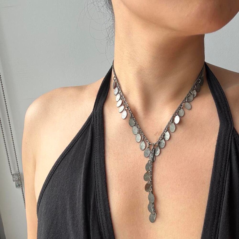 VTG 90s Y2K Silver Tone Teardrop Fringe Y-Drop Chain Necklace